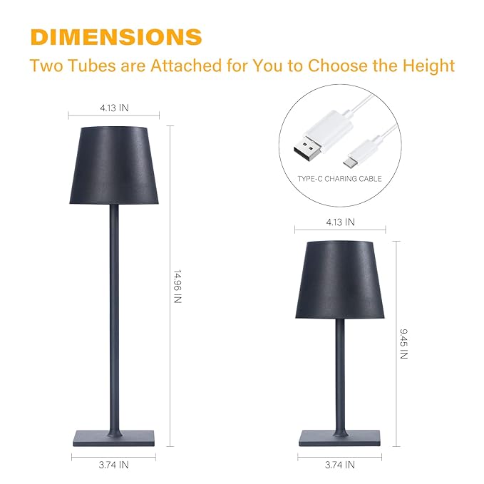 LED Cordless Table Lamp, USB Rechargeable Desk Lamp, 3 Color Stepless Dimming Portable Night Light for Bedside Cupboard/Restaurant/Cafe/Indoor/Outdoor(Black)